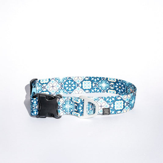 Dog collar with blue azulejo pattern on a white background