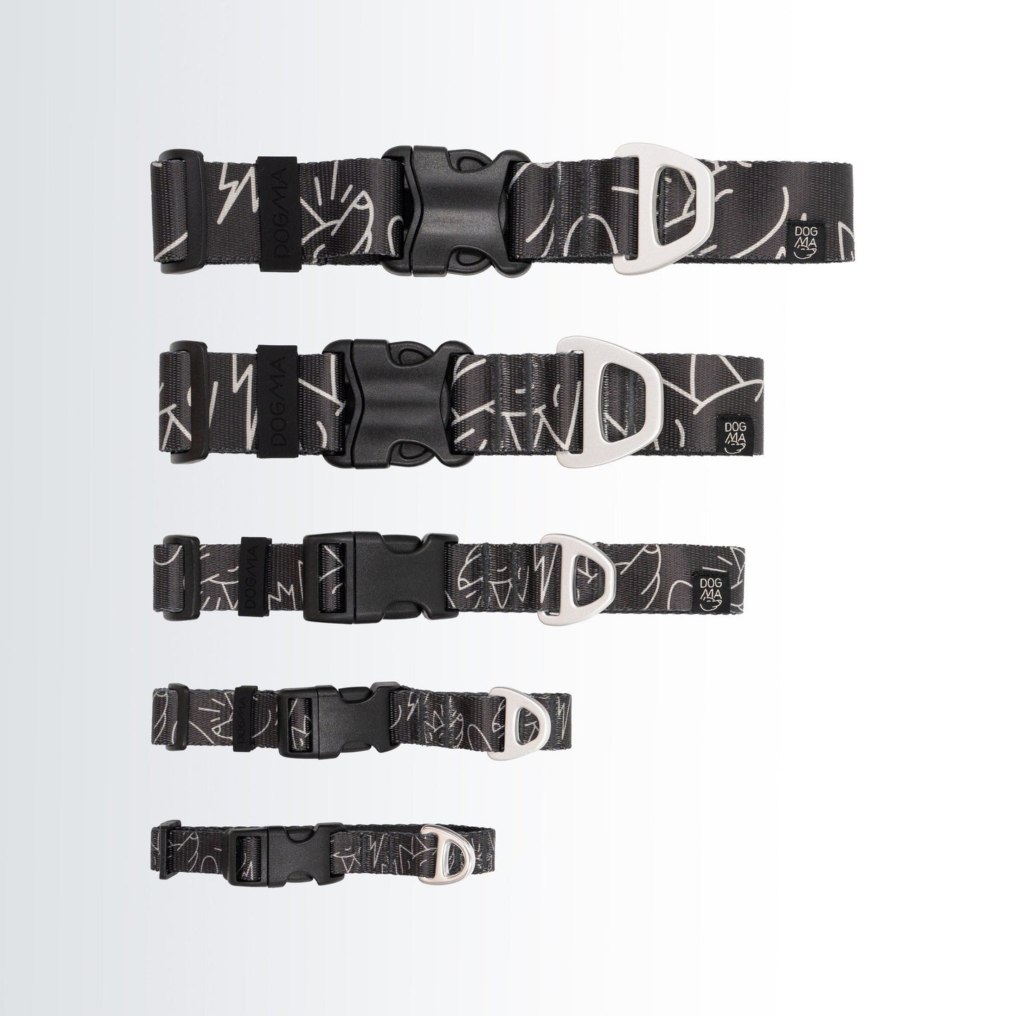 Five black dog collars with white abstract line patterns and silver metal D-rings, displayed in descending size order on a light gray gradient background.