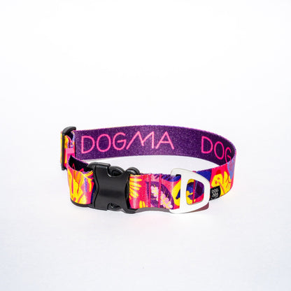 Dog collar with colorful design and 'DOGMA' branding on a white background