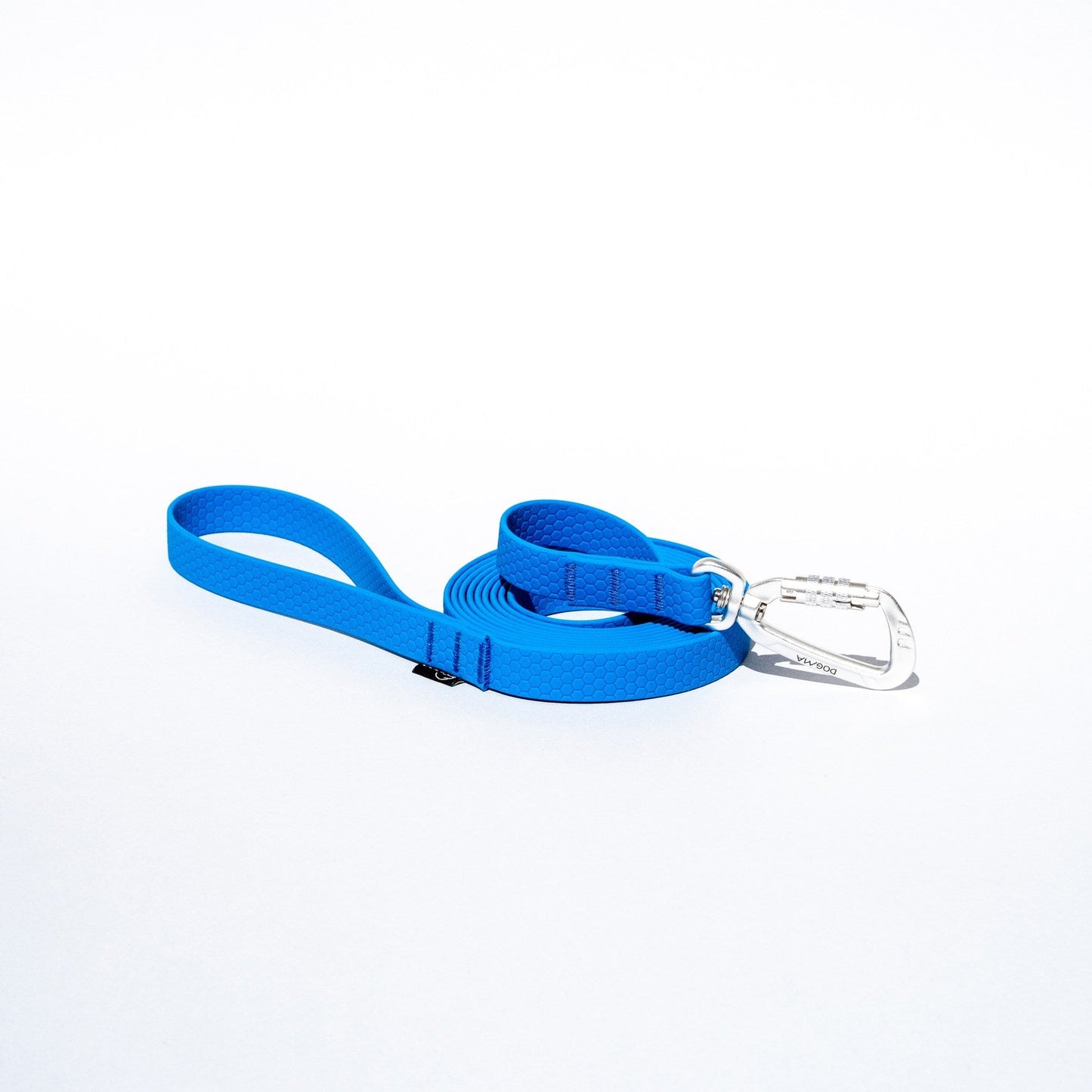 Blue dog leash with a clear plastic clip on a white background