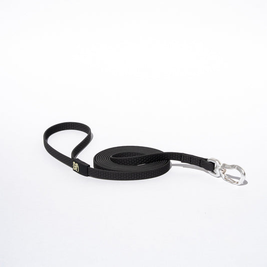 Black dog leash with a silver clip on a white background