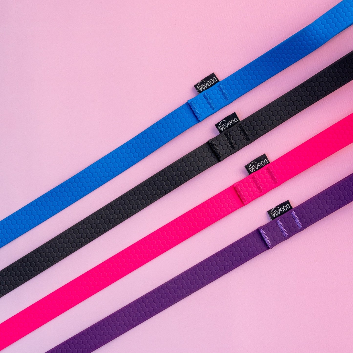 Four colorful leashes (blue, pink, purple) with visible brand tags on a pink background