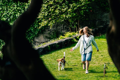 Woman walking a dog on a leash in a park with green grass and trees.