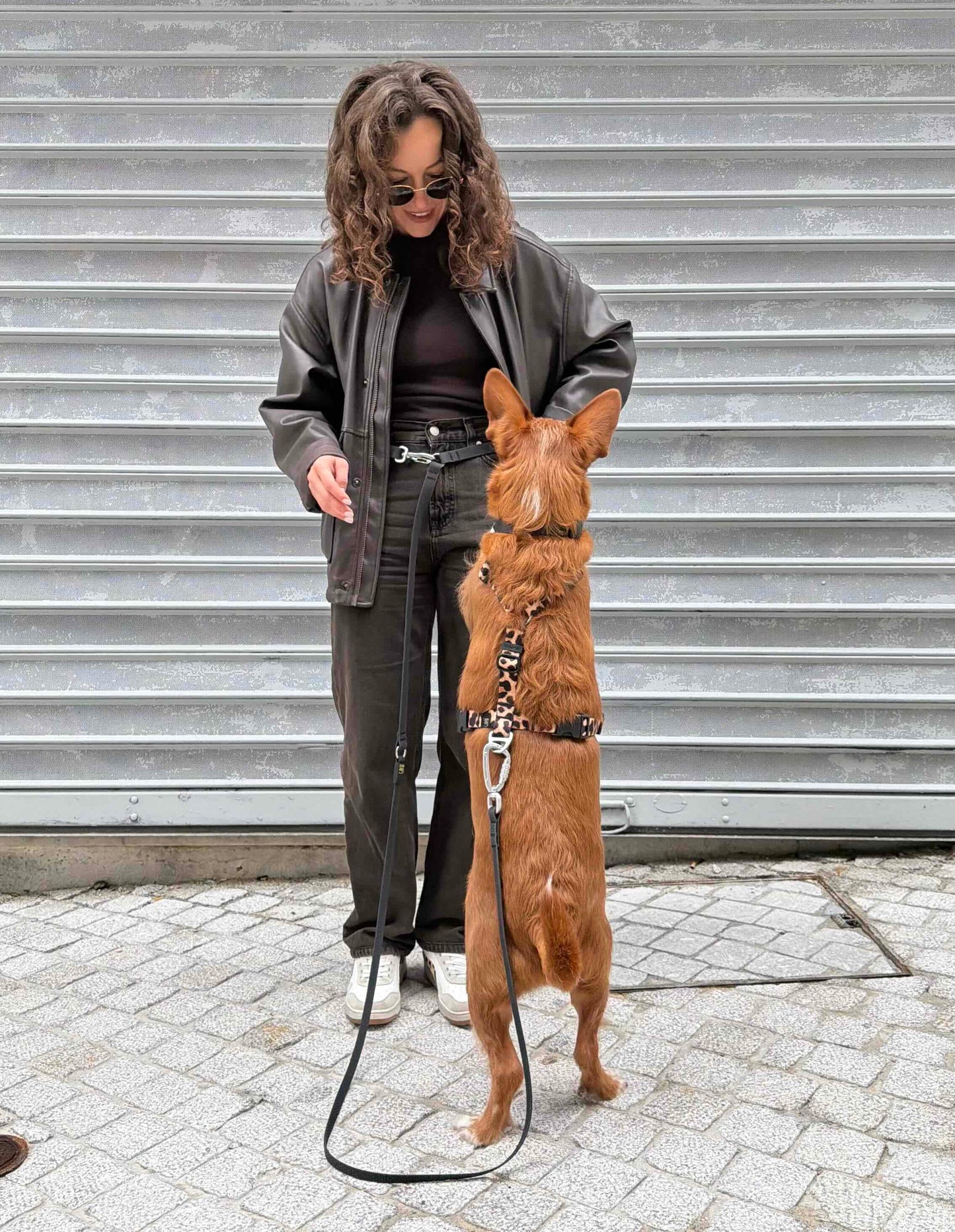 Person standing next to a dog on a leash in front of a metal shutter.
