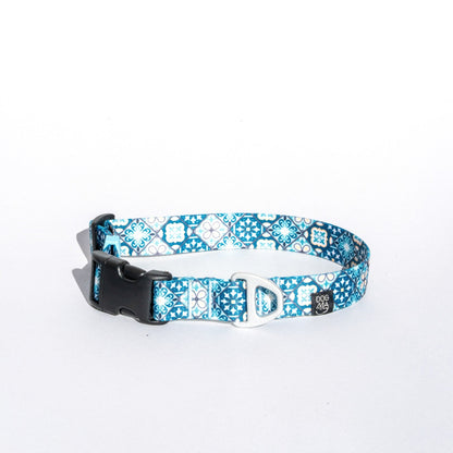 Dog collar with blue azulejo pattern on a white background