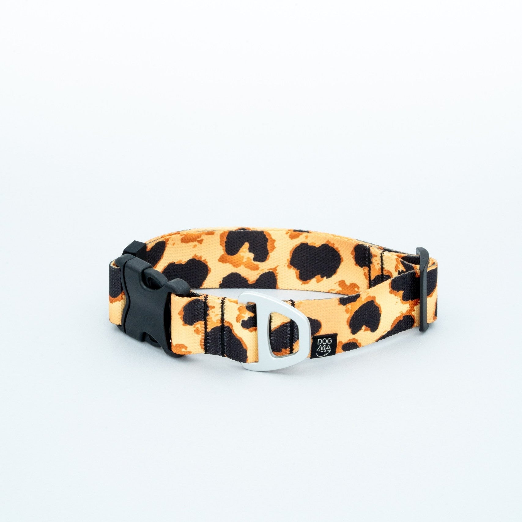 Leopard print dog collar with black buckle on a light gray background
